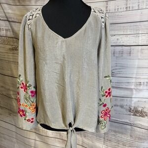 Anthropologie Fig & Flower Womens Tie-Hem Top L Lace Embroidered 3/4 Sleeve